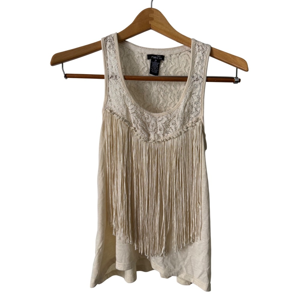 rue21 Fringe Tank Top Womens XS Cream Excellent Boho Lace‎ Racerback Scoop Neck